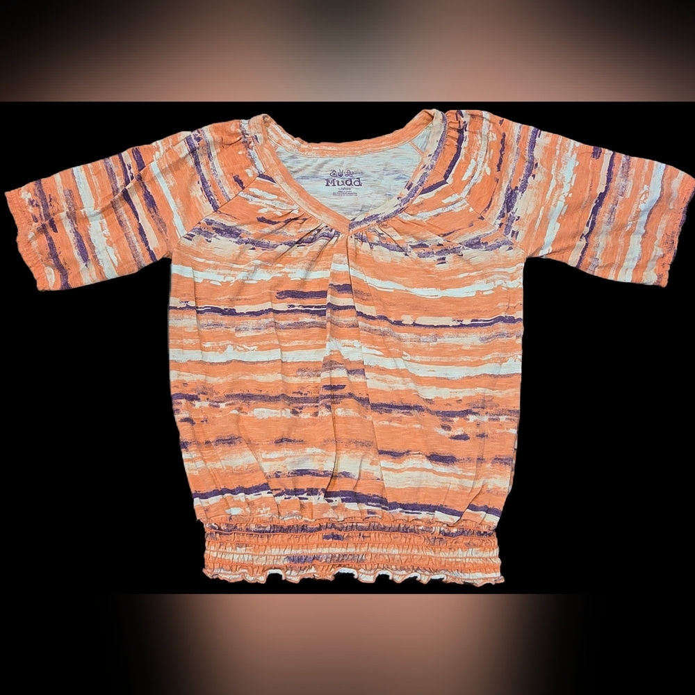 Y2K, Mudd, Orange & Purple striped short-sleeve top gathered V-neck& smocked hem